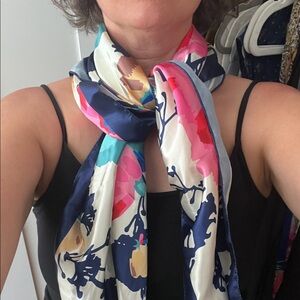 Silk-Feel Abstract Floral Scarf in Navy, Pink & Teal